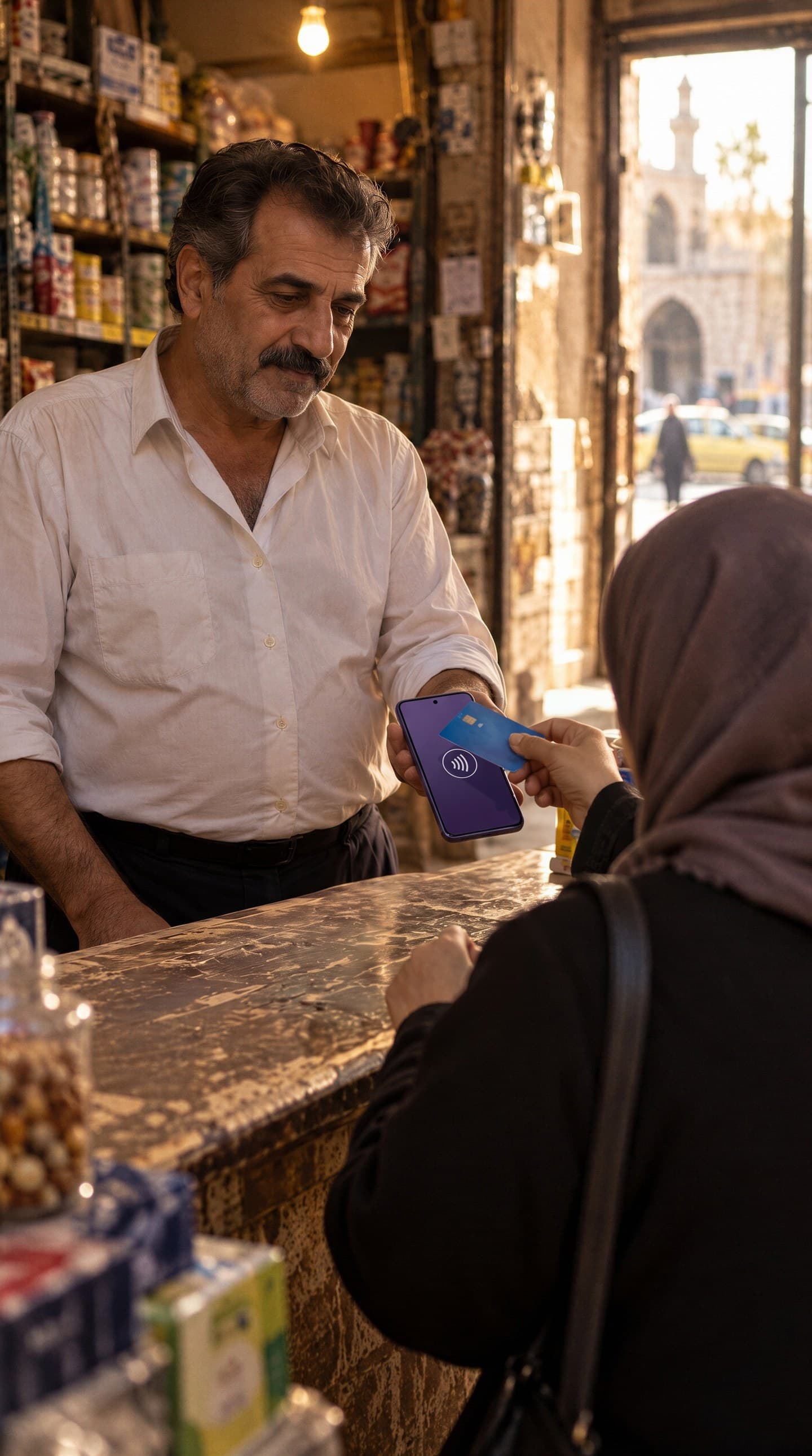 صاحب محل في دمشق يمدّ هاتفه فوق الطاولة، وزبونته تقرّب بطاقتها منه