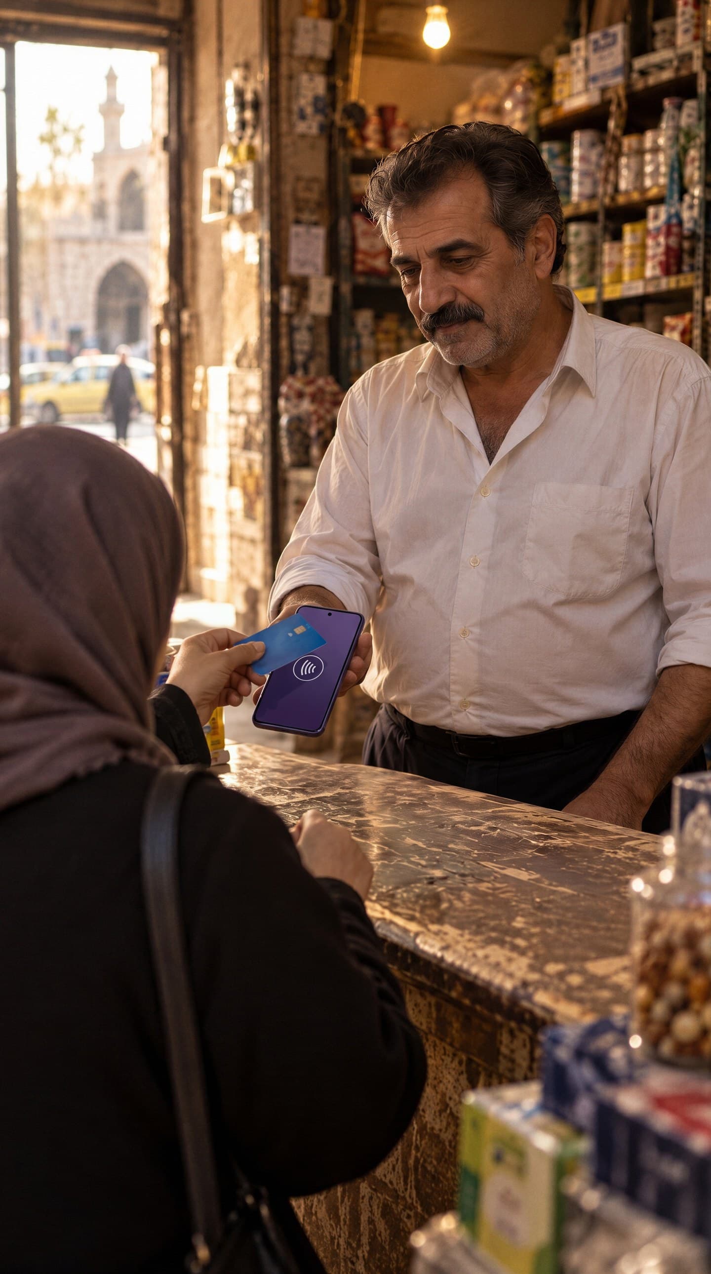 A shopkeeper holds out his phone across the counter of a Damascus shop while his customer holds her card to it