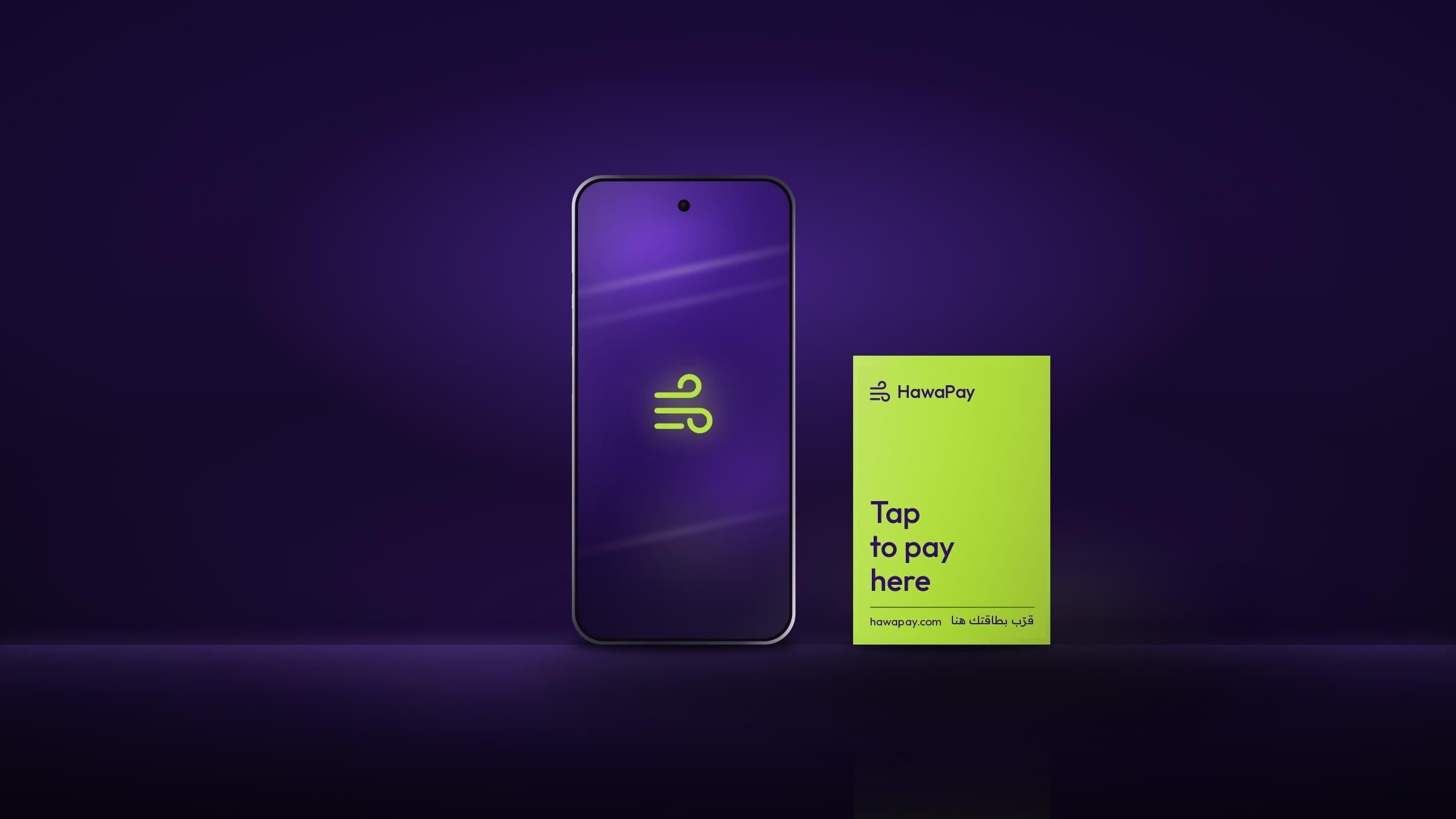 A phone carrying the HawaPay mark beside a lime counter card reading Tap to pay here